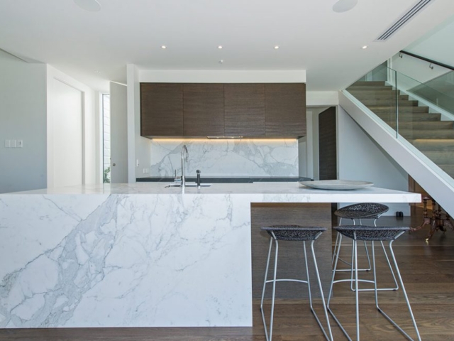 Marmotec Honed Calacatta marble island kitchen