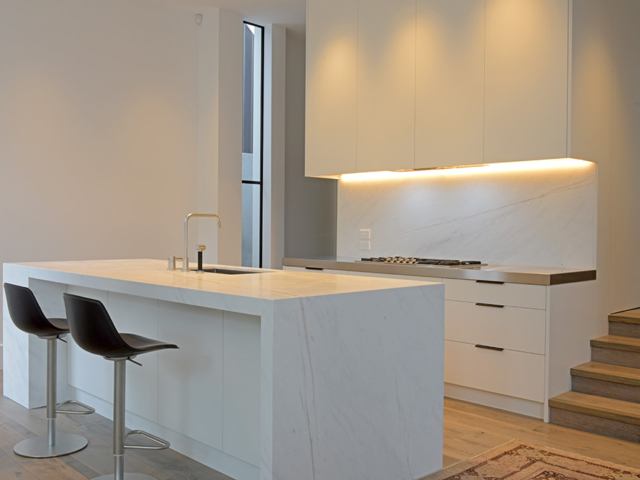 Marmotec Alarti quartz vein honed marble kitchen